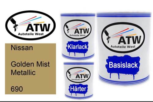 Nissan, Golden Mist Metallic, 690: 1L Lackdose + 1L Klarlack + 500ml Härter - Set, von ATW Autoteile West.